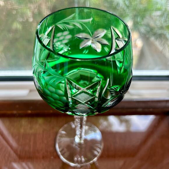 Vintage Traube-Style Emerald Green Cut-to-Clear Crystal Wine Hock Goblet - Picture 1 of 10